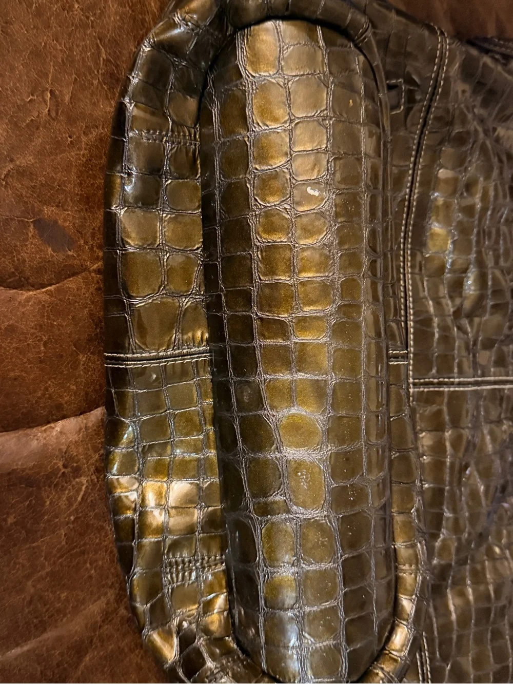 Brighton Olive Green Croc-Embossed Patent Leather Hobo Bag